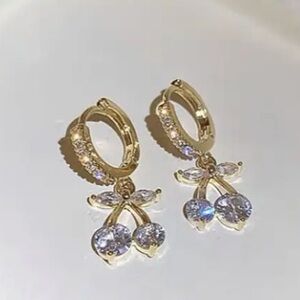White Cherry Elegant 18K Gold Plated w/Synthetic Zirconia Fruit Dangle Earrings